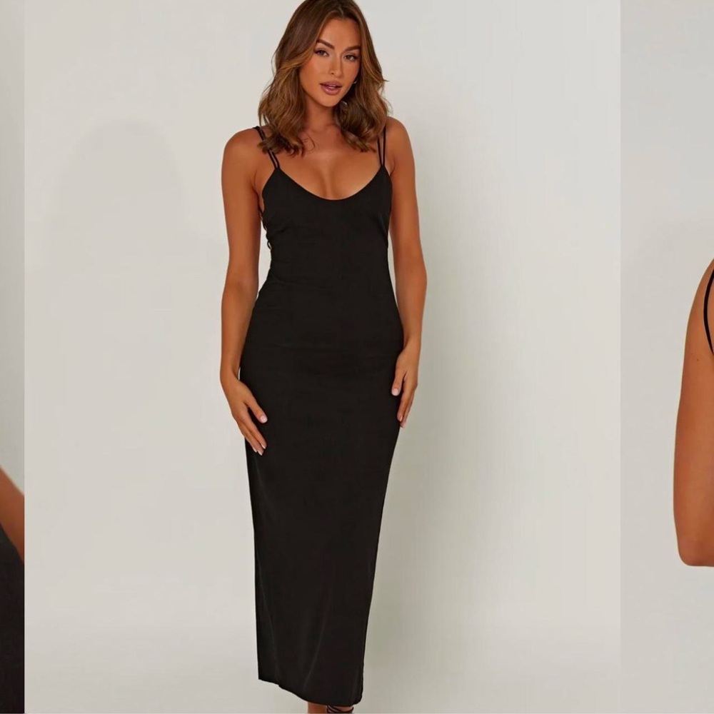 Meshki "Leana" Linen Backless Midi Dress in black